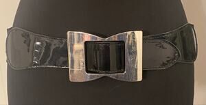 Black Wide Stretch Waist Belt Silver Bow Buckle Patent Cinch 8 Retro Statement